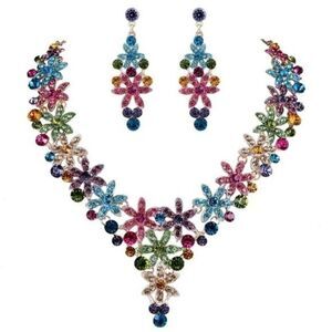 Yellow Gold and Multicolored Austrian Crystal Flower Necklace and Earrings Set